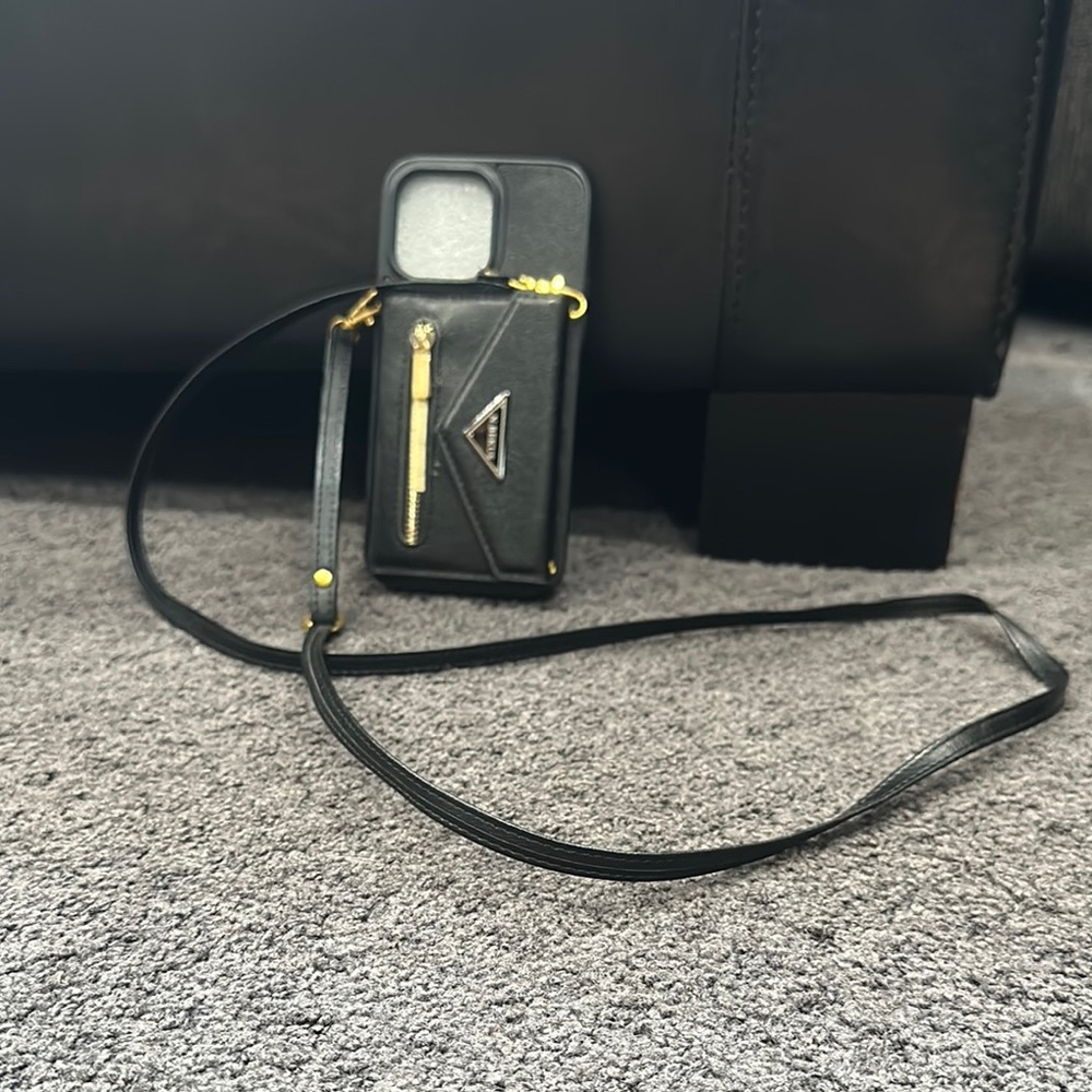 Black Crossbody I Phone 14 pro max Case with Gold Accents